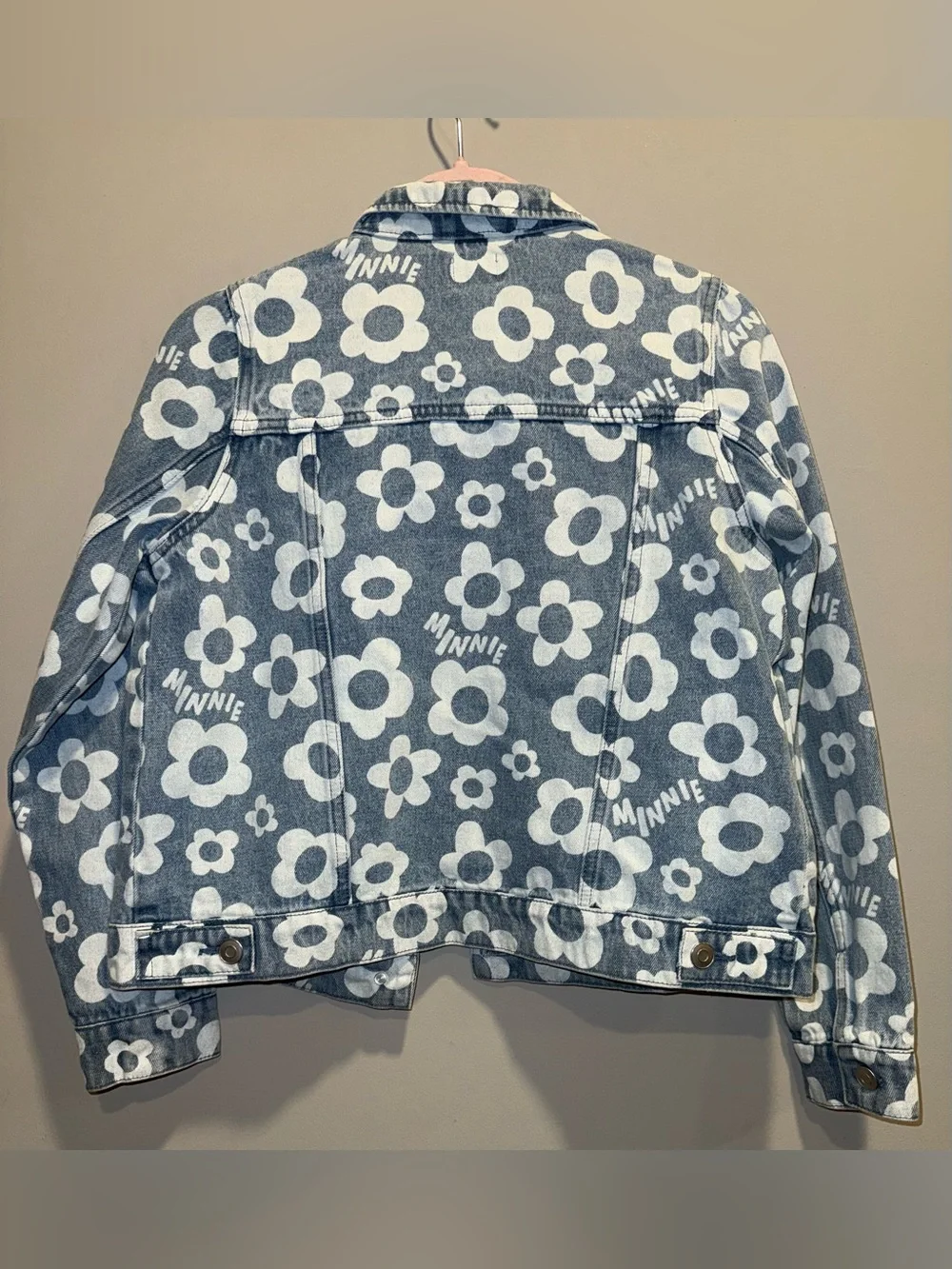 Disney Light Blue Jean Jacket with White Floral Print and Minnie Patch